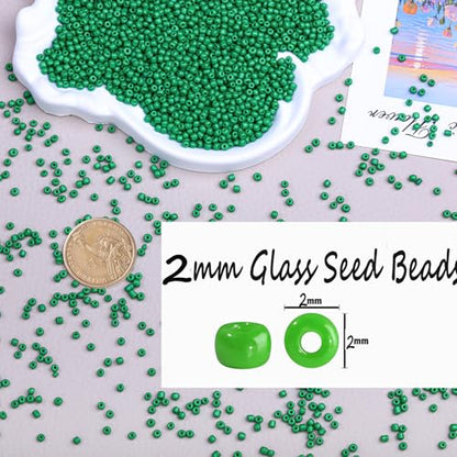 2mm Glass Seed Beads Bulk, Green 12/0 Tiny Round Seed Bead, Small Mini Pony Craft Beads for Bracelet Necklace Wrist Jewelry Making Beading Weaving DIY Crafts Supplies - color: Green