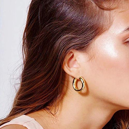 sovesi Chunky Hoop Earrings for Women, 14K Gold Plated Thick Hoops | 5mm Thick Hollow Tube Chunky Lightweight Hypoallergenic Hoop Earrings for Women - style: Rose Gold 25MM