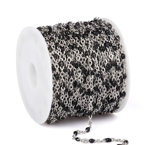 33FT 2mm Gold Cable Chains Black Enamel Chains Bulk Roll for Jewelry Making | 304 Stainless Steel Enamel Beaded Cable Chains Roll Spool for Necklace Bracelet Craft - color: Stainless Steel Black Beads