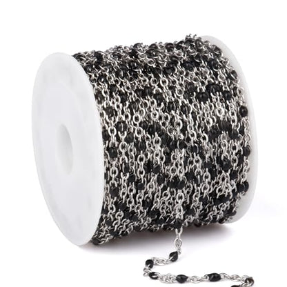 33FT 2mm Gold Cable Chains Black Enamel Chains Bulk Roll for Jewelry Making | 304 Stainless Steel Enamel Beaded Cable Chains Roll Spool for Necklace Bracelet Craft - color: Stainless Steel Black Beads