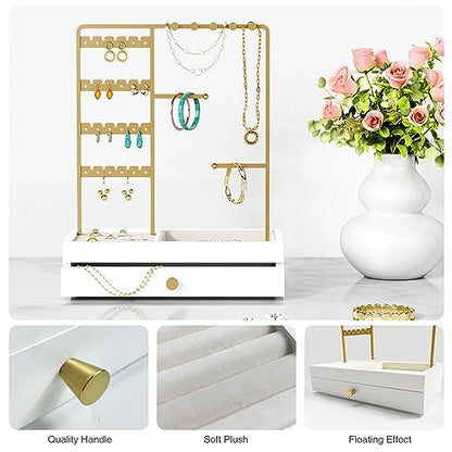 Goozii Gold Jewelry Stand Organizer Necklace Holder, Birthday Gifts for Women Girls, Small Jewelry Stand for Earrings Rings Bracelets, Velvet Jewelry Hanger Tree, Mothers Day Gifts - White and Gold - color: White and Gold