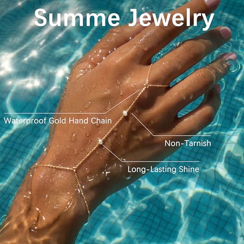 Waterproof 14K Gold Plated Hand Chain for Women Trendy, Non Tarnish Dainty Cubic Zirconia Finger Ring Bracelet, Summer Beach Hand Jewelry Minimalist Adjustable Simple Cute Gold Ring Chain Bracelets Fashion Gifts - color: gold
