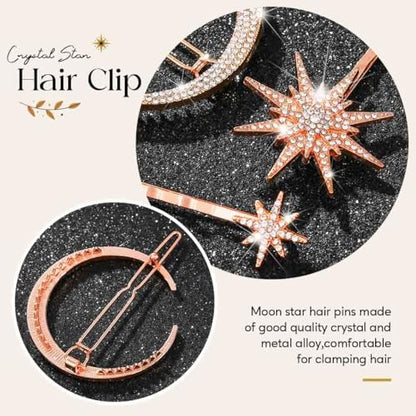 BARTOSI Moon Star Hair Clips Rose Gold Rhinestone Hair Pins Crystal Bobby Pins Bride Wedding Celestial Hair Accessories for Women and Girls (Pack of 3) - color: Rose Gold