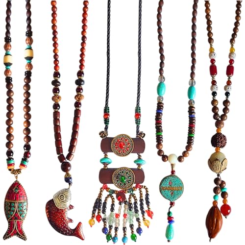 Bohemian Beaded Necklace for Women Long Boho Pendant Wood Mala Beads Wooden Strand Tassel Stone Bohemian Necklaces for Women Jewelry - style: Ethnic Lotus Set