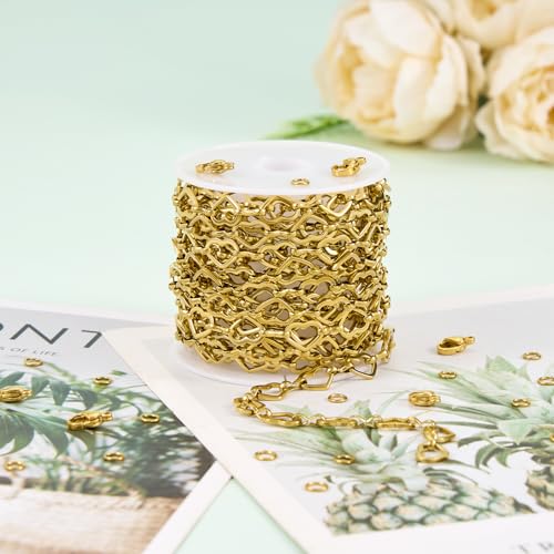 UMAOKANG 3 Meters Gold Plated Stainless Steel Chains for Jewelry Making Hollow Heart Chain Bulk on Spool with Jump Rings and Lobster Clasps - color: Heart Gold