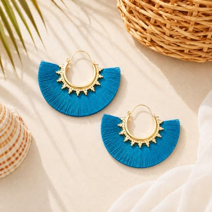 Tassel Hoop Earring Statement Thread Dangle Earrings Stylish Long Fringe Drop Earrings Lightweight Long Swingy French Hook Earrings for Women - color: B Dark Blue