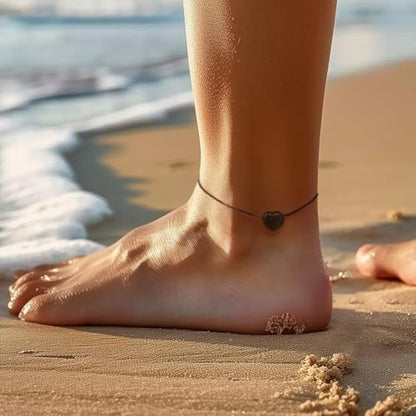 ChainsHouse Ankle Bracelets for Women, Stainless Steel Beaded Chain Ankle Bracelet, Womens Heart Anklets for Summer Beach Jewelry Gifts - color: T: heart-black