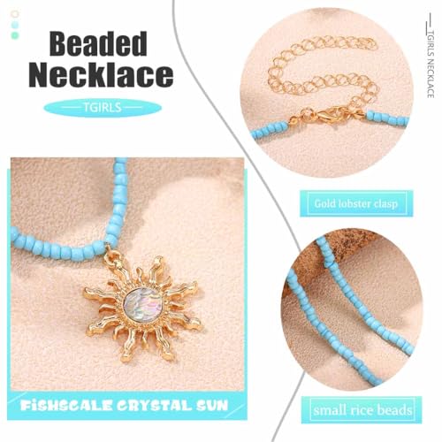 Tgirls Boho Beaded Choker Necklace Opal Bead Necklace Sun Pendant Summer Jewelry for Women - color: Blue