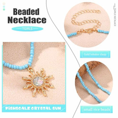 Tgirls Boho Beaded Choker Necklace Opal Bead Necklace Sun Pendant Summer Jewelry for Women - color: Blue