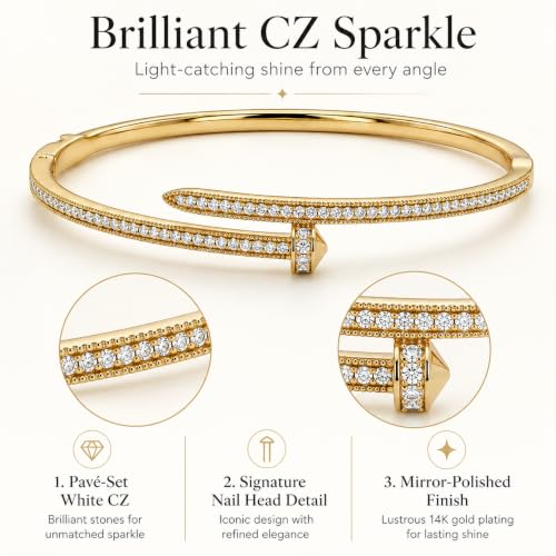 AuraLyric Gold Bracelets for Women, 14K Gold Plated Nail/Love/Emerald Green/Teardrop/Round White CZ Bangle Bracelets, Stackable Gold Bangles Non Tarnish, Gifts for Wife Mom Daughter 6.5 Inch - color: White CZ - Pave Set