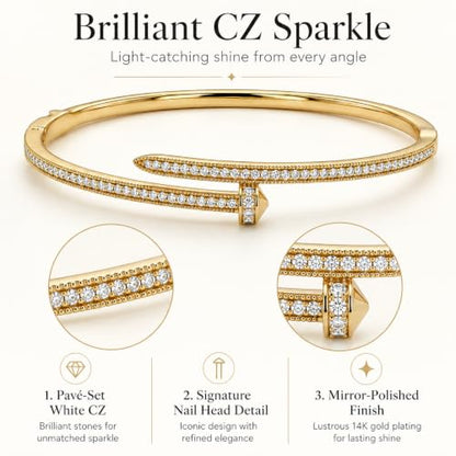 AuraLyric Gold Bracelets for Women, 14K Gold Plated Nail/Love/Emerald Green/Teardrop/Round White CZ Bangle Bracelets, Stackable Gold Bangles Non Tarnish, Gifts for Wife Mom Daughter 6.5 Inch - color: White CZ - Pave Set