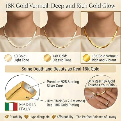 Herringbone Chain Necklace for Women Men 18K Gold Over Italian 925K Stamped Solid Sterling Silver, 3.4mm-5.5mm-7mm-9.4mm-11mm Wide Flat Snake Chain, Made in Italy - size: 30 Inch, style: WIDTH - 3.4MM