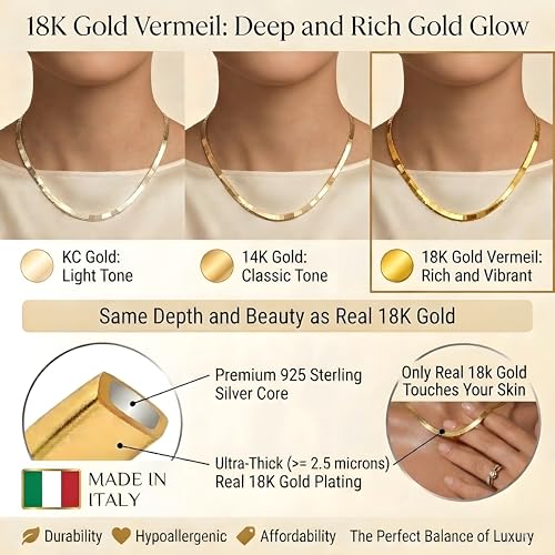 Herringbone Chain Necklace for Women Men 18K Gold Over Italian 925K Stamped Solid Sterling Silver, 3.4mm-5.5mm-7mm-9.4mm-11mm Wide Flat Snake Chain, Made in Italy - size: 22 Inch, style: WIDTH - 3.4MM