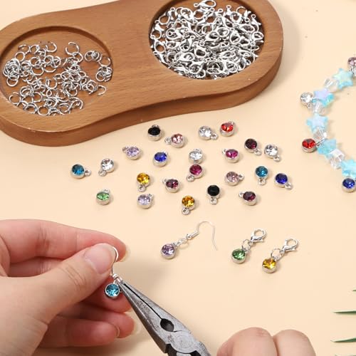 Xthrotsenk 60Pcs Birthstone Charms for Jewelry Making Stainless Steel Charms for Jewelry Crystal Charm with 60 Jump Ring 60 Connecting Ring Fit Bracelet Earring Necklace Keychain Making 12 Color