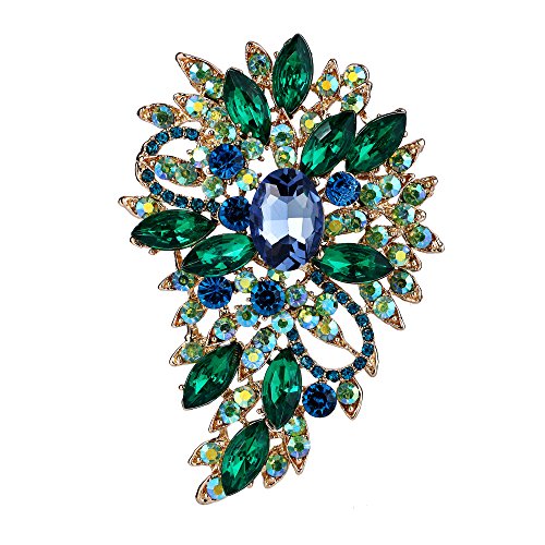 EVER FAITH Women's Austrian Crystal Wedding Flower Leaf Bouquet Brooch - color: Light Blue w/ Green