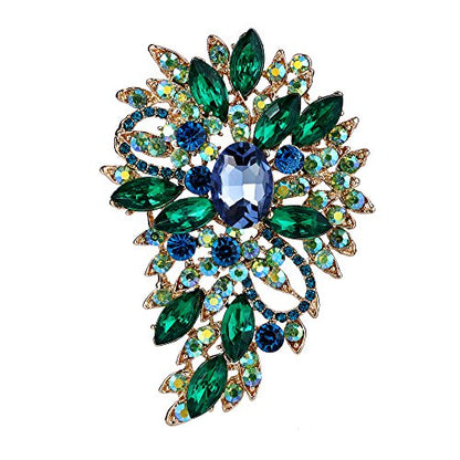 EVER FAITH Women's Austrian Crystal Wedding Flower Leaf Bouquet Brooch - color: Light Blue w/ Green