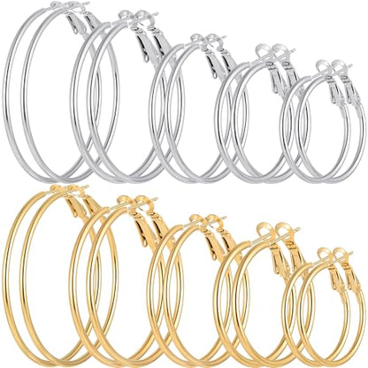 4/10 Pairs Stainless Steel Gold Silver Plated Hoop Earrings Hypoallergenic Dainty Big Small Hoops Earrings Set for Women - color: 10 Pairs Gold Silver Plated Hoops Earrings Set