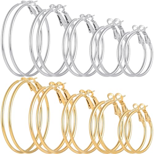 4/10 Pairs Stainless Steel Gold Silver Plated Hoop Earrings Hypoallergenic Dainty Big Small Hoops Earrings Set for Women - color: 10 Pairs Gold Silver Plated Hoops Earrings Set