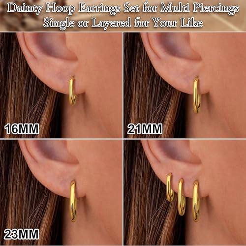 18K Gold Plated Hoop Earrings for Women Trendy Small U Hoop Earrings Set Stainless Steel Hypoallergenic Lightweight Chunky Huggie Hoops Cartilage Earring Stack Dainty Jewelry for Women Men(Gold-Hoop Earrings)