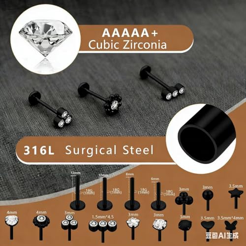 15Pcs 20G/18G/16G Flat Back Push in Stud Earrings 316L Surgical Stainless Threadless nose rings Medusa Piercing Jewelry Hypoallergenic Labret Studs Lip Rings ring for Women Men Be Equipped With Ball Grabber Tool - color: Black, size: 16G(1.2mm)