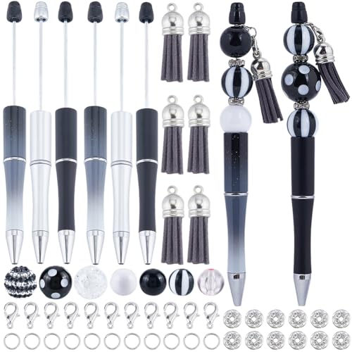 SUNNYCLUE DIY 12 Sets Beadable Pen Making Kit with Black White Acrylic Beads, 20mm Rhinestone Bubblegum Beads, Ballpoint Pens Supplies for Women Men Office School - color: 12 Sets, Black & White
