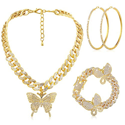 3 Pcs Butterfly Cuban Jewelry Set Cuban Link Chain Necklace for Women Rhinestone Pendant Necklace Bracelet Large Hoop - color: Gold, style: Classic