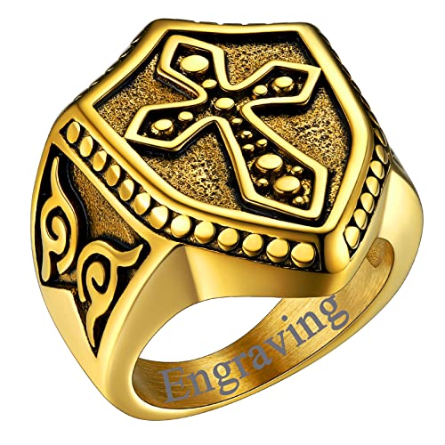 FaithHeart Mens Stainless Steel Crusader Jerusalem Cross Ring with 18K Gold Plated Two Tone Ring Size 7,8,9,10,11,12 - color: 08. Shield-Gold(Custom)