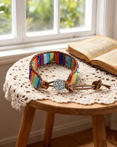 Boho Leather Wrap Bracelet for Women Handmade Colorful Natural Stone Beaded BraceletAdjustable Bohemian Beach Vacation Jewelry Gift