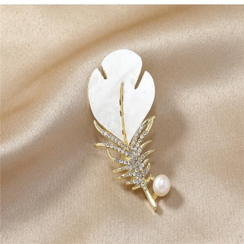 Rhinestone Feather Leaf Brooch Pin for Men Women Gold Silver Plated Elegant Delicate Leaves Hat Bag Suit Tie Crystal Pearl Lapel Brooches for Mother's Day Birthday Wedding Fashion Jewelry Gifts - color: Gold
