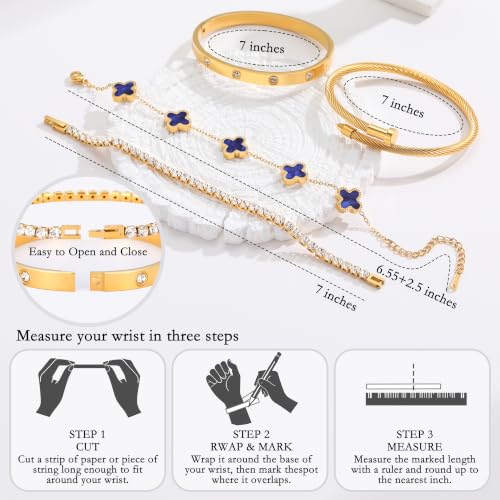 18K Gold Plated Bangle Bracelets Stack for Women,Four Leaf Clover Stackable Bracelets Non Tarnish,4 Pcs Jewelry sets Gifts - color: Dark blue