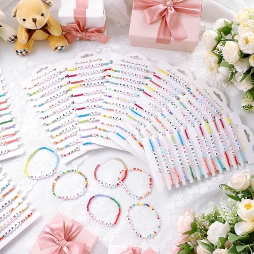 96 Pcs Beaded Friendship Bracelets Bulk Inspirational Stretch Bracelets Y2k Colorful Cute Adjustable Jewelry for Rainbow Women Carnival Music Party Favors Friend Gifts(Classic) - style: Classic