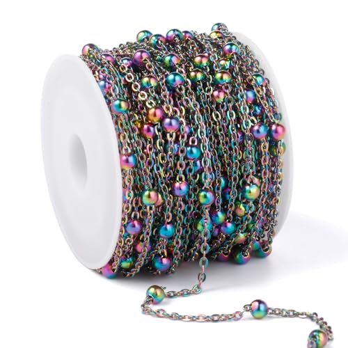 33FT 2mm Multicolor Satellite Bead Chains Roll Bulk for Jewelry Making | 304 Stainless Steel Rainbow Ball Beaded Cable Link Chains Spool for DIY Craft - color: Colorful Big Beads Satellite Cable Chain