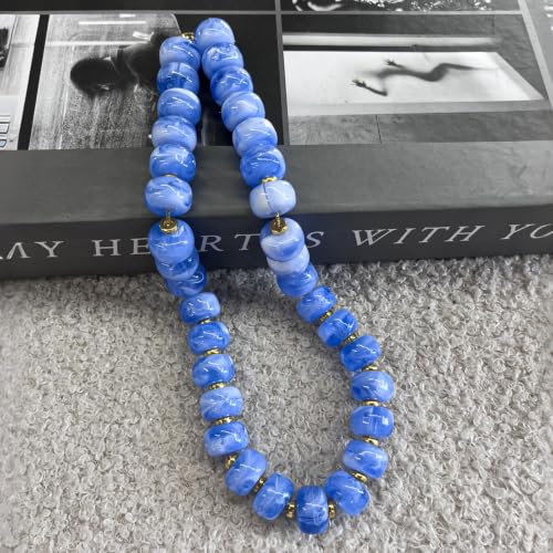 Colorful Chunky Resin Beaded Choker Necklaces for Women | Multicolor Beads, Sturdy Metal Chain, Adjustable, Detachable, Lightweight, Summer Beach Boho, Trendy Statement Jewelry Gift - color: Blue