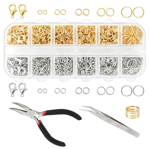 1200 Pcs Open Jump Rings, Jump Rings for Jewelry Making, Necklace Keychain Repair Kit with Making Tools Tweezer, Plier, Lobster Claw Clasps, Open Rings for DIY Crafts Keychains - color: Sliver+Gold