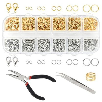 1200 Pcs Open Jump Rings, Jump Rings for Jewelry Making, Necklace Keychain Repair Kit with Making Tools Tweezer, Plier, Lobster Claw Clasps, Open Rings for DIY Crafts Keychains - color: Sliver+Gold