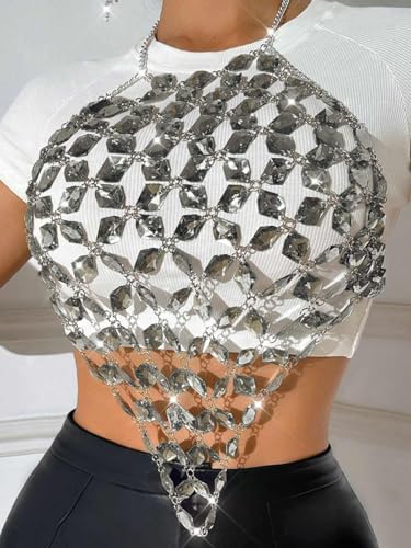 Aukmla Crystal Bra Body Chain Top Silver Rhinestones Halter Crop Tops Beach Bikini Chest Chains Body Jewelry for Women - style: Grey