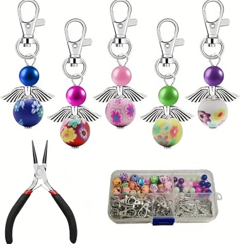 Metacipher 180Pcs DIY Angel Keychain Making Kit with Beads & Pliers | Angel Wing Spacers,Floral Beads,Lobster Clasps,DIY Bag Charm,Gifts, Jewelry Making Supplies,Crafts, for Women Adults - color: Flowers Beads