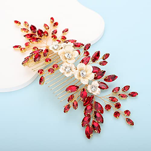 Bridal White Flower Red Crystal Rhinestone Hair Comb for Bride Bridesmaid Sliding side Headpieces Wedding Hair Accessories for Women and Girls (Red) - color: Red