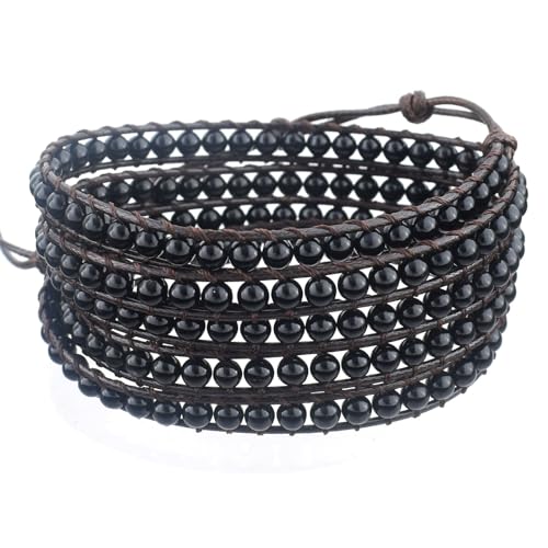 Genuine Stone Wrap Bracelets for Women Natural Crystal Beaded Wrap Bracelet 2/3/5 Adjustable Bohemian Bracelets Jewelry Gifts for Women Mom - color: black agate(5 wraps)