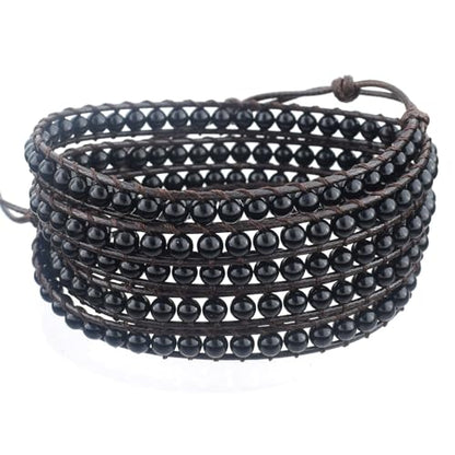 Genuine Stone Wrap Bracelets for Women Natural Crystal Beaded Wrap Bracelet 2/3/5 Adjustable Bohemian Bracelets Jewelry Gifts for Women Mom - color: black agate(5 wraps)