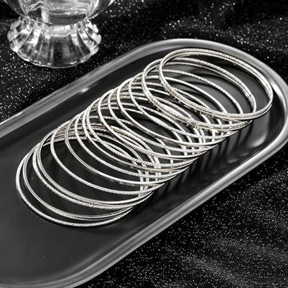 Gold Bangles for Women, 12 Pcs Boho Stackable Bracelets Multi Layer Textured Chunky Bracelets Jewelry Set for Women - color: Style B- 17 pcs silver