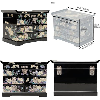 February Mountain Mother of Pearl Jewelry Box with Traditional Mother of Pearl Inlay - Elegant Floral and Butterfly Design for Her - style: Black