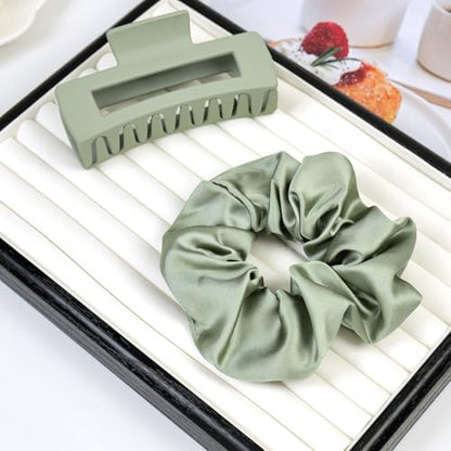 8Pcs Hair Clips and Scrunchies Set for Women - 4 Medium Non-Slip Matte Square Claw Clips, 4 Large Satin Scrunchies, Hair Accessories for Thick Thin Hair, Daily Use (Green) - color: Botanical Green Tones