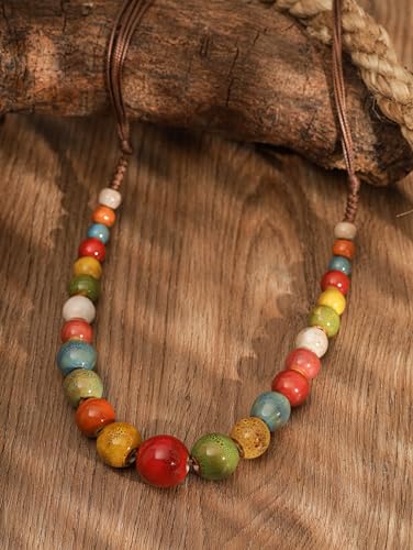 MINACHI Hippie Boho Colorful Ceramic Round Beads Strand Necklace, Bohemian Fashion Statement Jewelry Gift for Women - color: S02