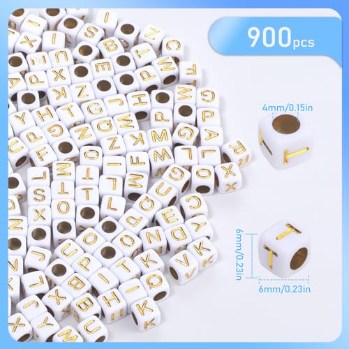 900Pcs Acrylic White Letter Beads Alphabet Colorful Letter Gold Cube Beads for Friendship Bracelets and Gifts Souvenir Jewelry Making(6 * 6mm Cube) - color: White Gold(Cube)