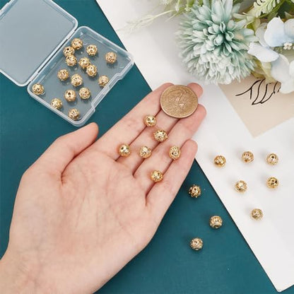 PH PandaHall 18K Gold Plated 8mm Round Spacer Beads 30pcs Hollow Loose Bead | 15 Styles, Tibetan Style, Alloy Ball Charm, for Bracelet Earring Necklace Jewelry Making,1.5~2mm Hole - size: 8mm