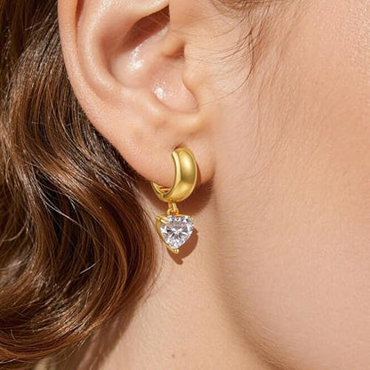 Gold Huggie Dangle Earrings for Women Chunky Hoop Huggies Cubic Zirconia Drop Earring Diamond Crystal Charm Statement Teardrop Earrings Jewelry Gifts - color: Gold-Heart