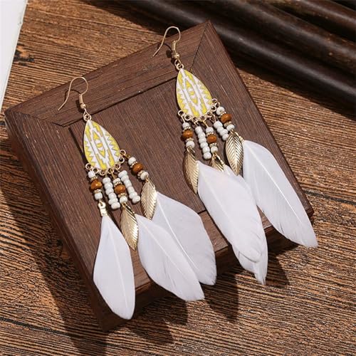 Dreuyet Boho Long Feather Drop Dangle Earrings for Women Retro Bohemian Ethnic Fringe Multicolor Tassel Feather Earring Handmade Statement Dream Catcher Earrings Jewelry - color: White Teardrop