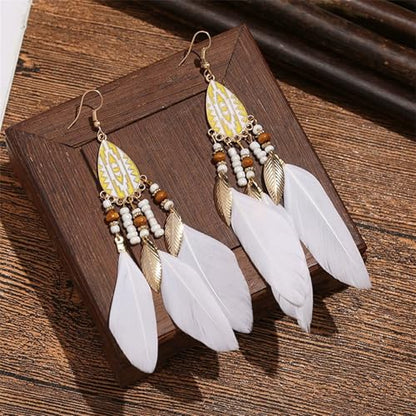 Dreuyet Boho Long Feather Drop Dangle Earrings for Women Retro Bohemian Ethnic Fringe Multicolor Tassel Feather Earring Handmade Statement Dream Catcher Earrings Jewelry - color: White Teardrop