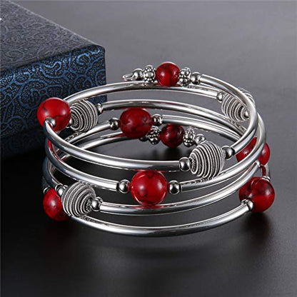 PEARL&CLUB Beaded Chakra Bangle Turquoise Bracelet - Fashion Jewelry Wrap Bracelet with Thick Silver Metal and Mala Beads, Birthday Gifts For Women - color: 63-Red